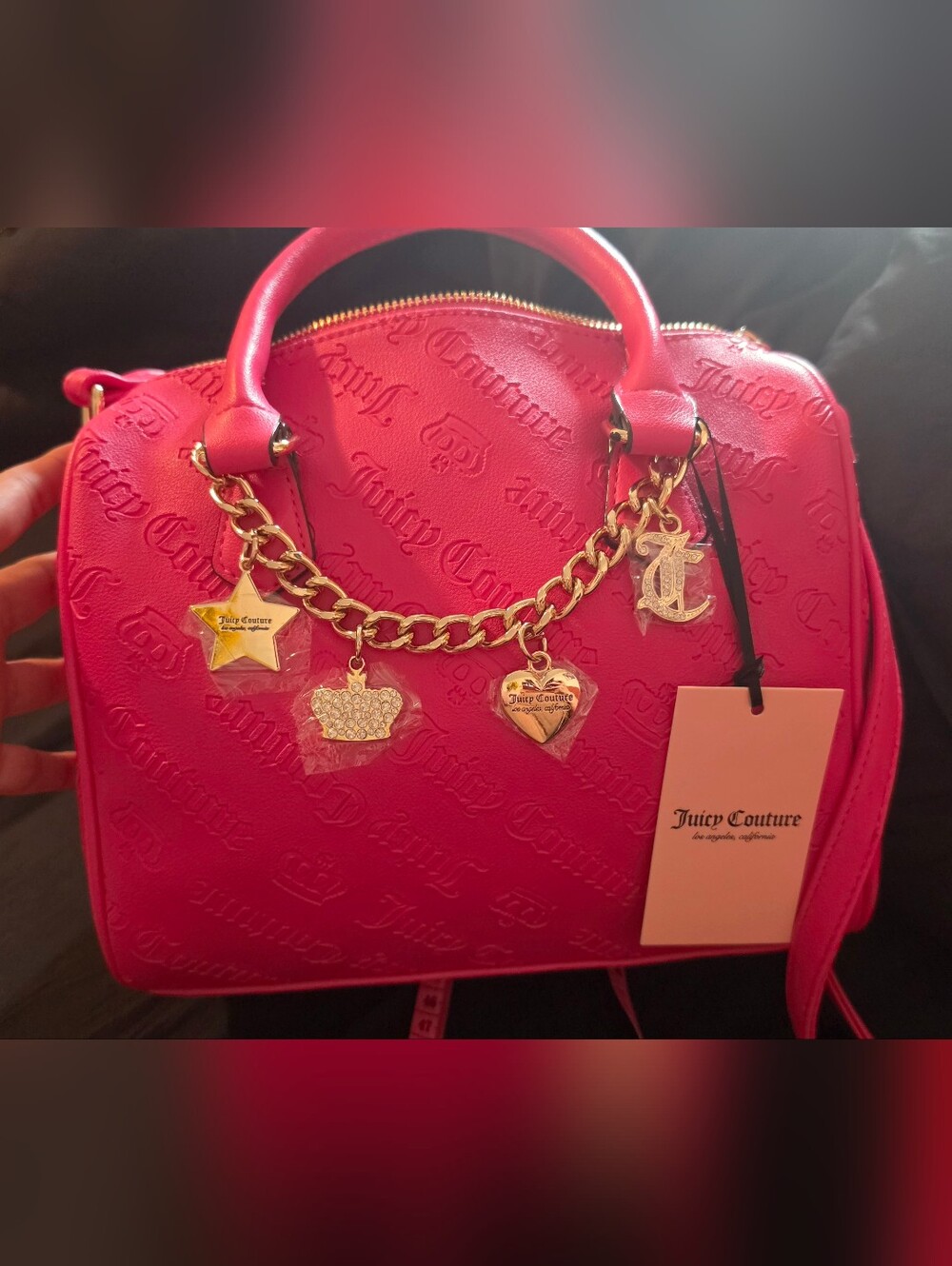 Juicy Couture Bright Pink Embossed Logo Satchel with Gold Charm Chain